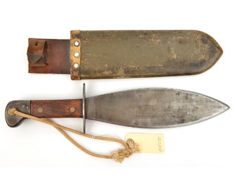 A scarce WWII Smatchet fighting knife, 10¾” leaf shaped blade, steel cross piece and pommel, (with number stamps), brass rive