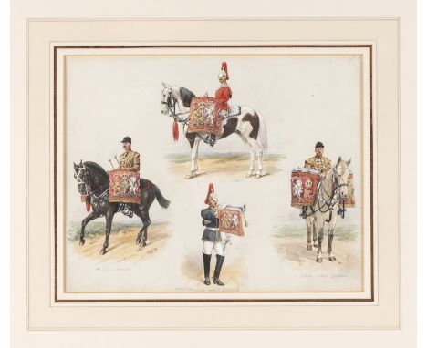 A watercolour painting by Richard Simkin showing 4 Household Cavalry Bandsmen in full dress, each one lightly titled in penci