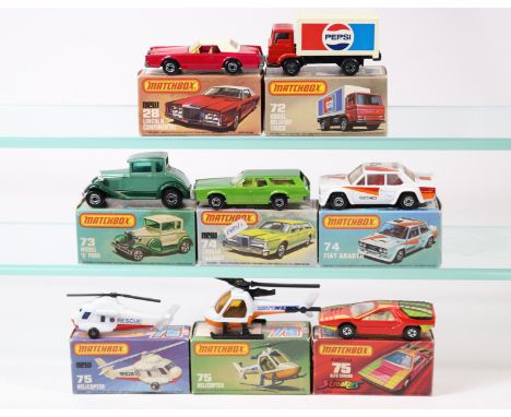 8x Matchbox Superfast 75 Series. 28c, Lincoln Continental. 72e, Dodge Delivery Truck. 73c, Ford Model A Car. 74c, Cougar Vill