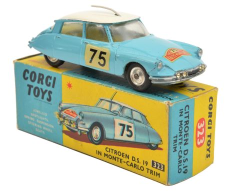 Corgi Toys Citroen D.S. 19 in Monte-Carlo Trim (323). In light blue with white roof and yellow interior, aerial fitted to roo