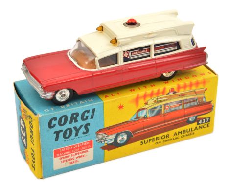 Corgi Toys Superior Ambulance on Cadillac Chassis (437). In red and cream livery, red light to roof, complete with battery pa