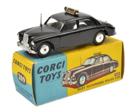 Corgi Toys Pathfinder Police Car (209). In black with no interior, POLICE sign and bells to roof, smooth wheels and black rub