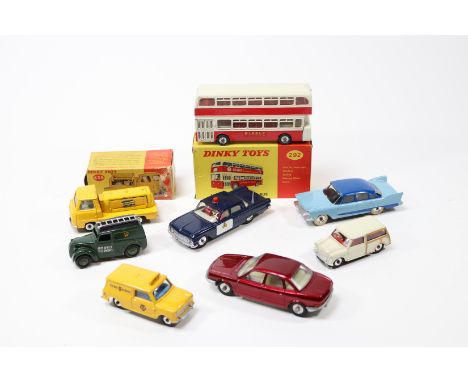 8 Dinky Toys. Leyland Atlantean Bus (292) in cream and red RIBBLE livery, boxed. Plus an NSU Ro80 in metallic maroon, Ford Fa