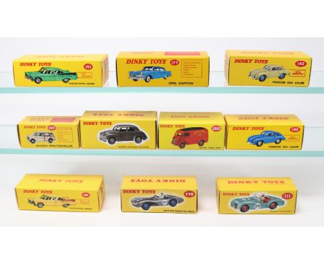 10 Atlas Dinky Toys - Aston Martin DB3 Sports (110). Triumph TR2 Sports (111). Morris Oxford Saloon (159). Opel Kapitan (177)