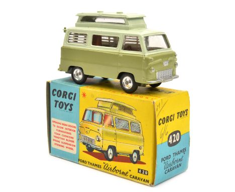 Corgi Toys ford Thames Airborne Caravan (420). In very pale green and light metallic green, with brown/cream interior, spun w