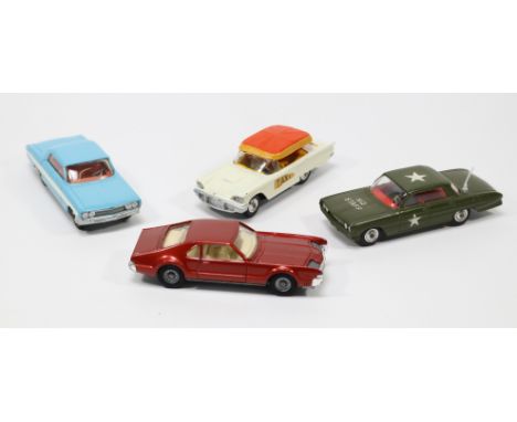 4 Corgi Toys American Cars. Oldsmobile Super 88 in light blue with white flashes, with red interior. Plus another, but a Mili