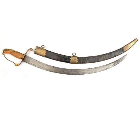 A Georgian Naval officers hanger, flat, sharply curved blade 21", double edged towards point, lightly etched for half length 