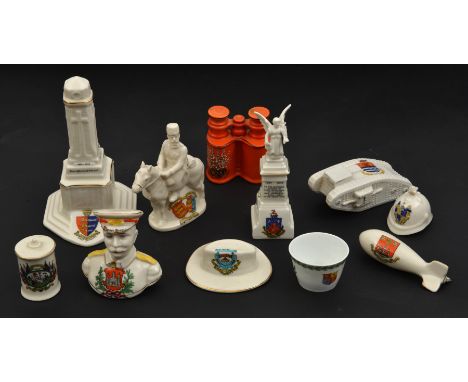 10 pieces of crested china, including Rentine China 1914-18 war memorial with inscriptions, arms of Gt Yarmouth, Arcadian “Mo