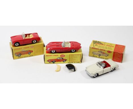 3 Dinky Toys. Austin Healey Sprite (112) in bright red with cream seats. An M.G.B. Sports Car (113) in cream with red seats, 