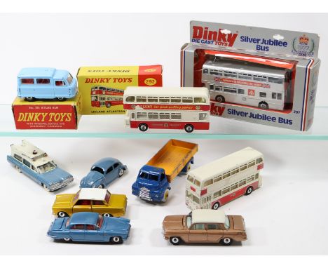 10 Dinky Toys. Standard Atlas (295) in light blue with red interior. Leyland Atlantean Bus (292) in cream and red Corporation