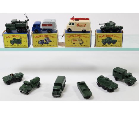 10 Matchbox Series. 8 Military - 54a Saracen Personnel Carrier. 55a D.U.K.W. 61a Ferret Scout Car. 62a General Service Wagon.