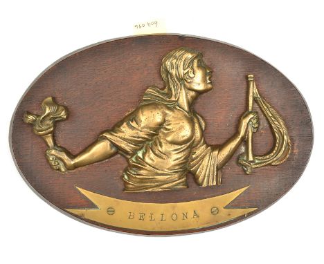 A cast brass badge of HMS Bellona,  cruiser 1909-21, showing the Roman goddess of War, head (unusually without helmet) and to