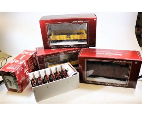 3x Bachmann Big Haulers G scale narrow gauge freight wagons. 2x 20' Gondolas (95747) and a 20' Box Car (95370). Together with