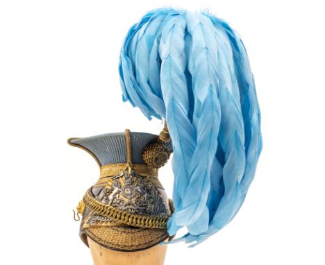 A Victorian officer’s lance cap of the 21st (Empress of India’s) Lancers, black patent leather skull and embroidered peak, gi