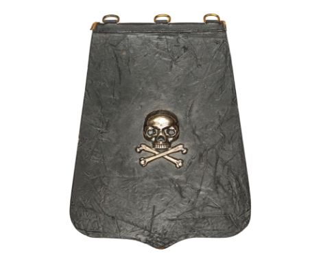An officer’s black leather sabretache of the 17th Lancers, bearing the regimental motif of skull and crossbones in white meta