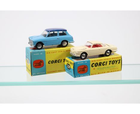 2 Corgi Toys Austin A.40 Saloon (216). In light blue with dark blue roof, smooth wheels with black rubber tyres. Together wit