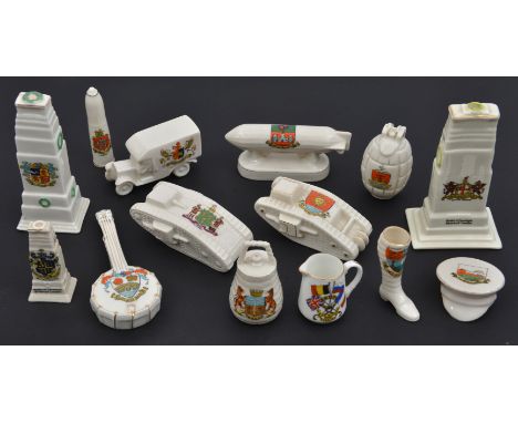 14 pieces of crested china,  including Goss “Model of Cenotaph”, arms of City of London; Arcadian banjo; Matlock Bath, airshi