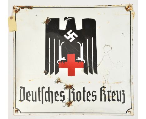 A rectangular white enamelled wall plaque, 20” x 20”, bearing Third Reich Red Cross eagle above “Deutsches Rotes Kreuz”. Basi