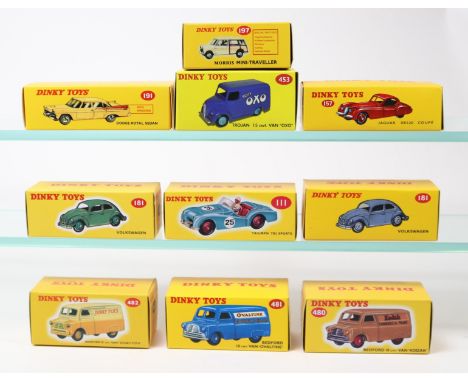 10 Atlas Dinky Toys - Triumph TR2 Sports (111). Jaguar XK120 Coupe (157). 2x Volkswagen (181) colour variations. Dodge Royal 