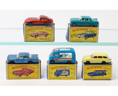 5 Matchbox Series. 32, E Type Jaguar, with grey tyres. 33, Ford Zephyr III. 47, Lyons Maid Ice-Cream Mobile Shop, 38, Vauxhal