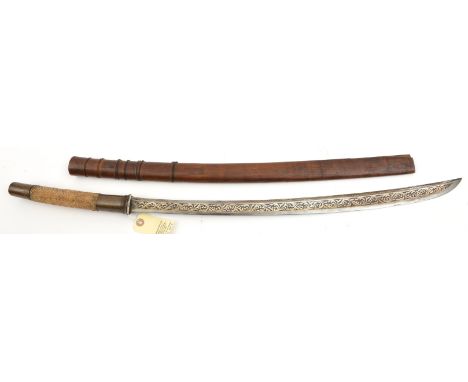 A 19th century Burmese sword dha,  slightly curved, SE blade 23½”, swollen towards point, the shallow full length central ful