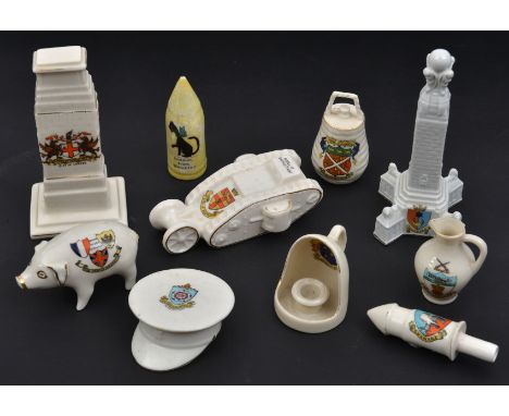 10 pieces of crested china, including Corona China Cenotaph, arms of City of London, Willow Art “Model of British Tank” City 