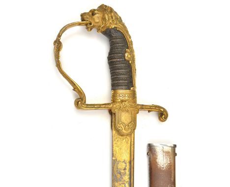 An Imperial German officer’s dress sword, curved, pipe backed blade 32”, double edged at point, etched and gilt for half leng