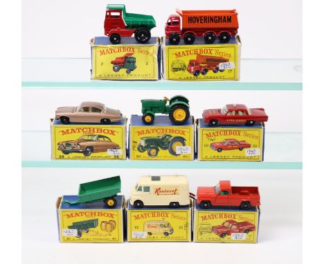 8x Matchbox Series vehicles. 2, Muir Hill Dumper. 17, Hoveringham Tipper. 28, Jaguar Mk.X. 50, Tractor. 51, Trailer with 3 ba