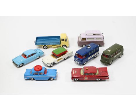 8 Corgi Toys. Chevrolet Impala Fire Chief in red with yellow interior. Jaguar Mk.X in light blue with red interior. Austin A.