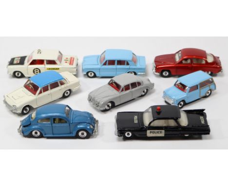 8 Dinky Toys. Mk1 Ford Cortina Rally Car, in white with black bonnet, RN8. Volkswagen Deluxe in metallic blue. SAAB 96 in bri