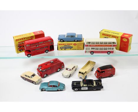 10 Dinky Toys. A Routemaster Bus (289) in red with Tern Shirts adverts. A U.S.A. De Soto POLICE Car (258) in black and white.