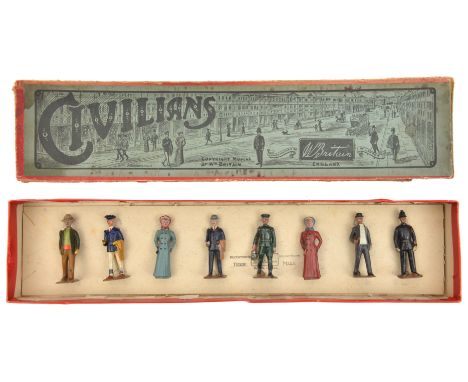 A scarce 1920s Britains Civilians set (Set 168). Comprising; 2x ladies in Edwardian dress (one example in red dress and one i