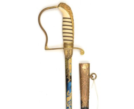 An 1803 Royal Naval officer’s sword, slender, shallow diamond section blade 27½”, etched and blued and gilt for two thirds le