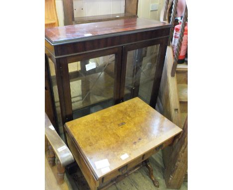 An inlaid Mahogany two door china cabinet and Walnut sofa table (feet as found)