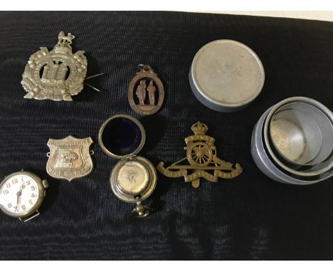 A mixed lot to include Kings Own Scottish Borders cap badge, sovereign holder & vintage watch etc 