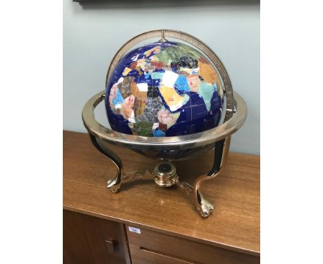 Large precious stone globe built on a brass 3 leg support stand 