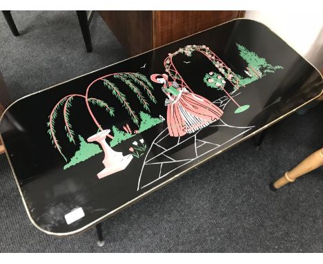 Vintage 1960s coffee table,Deigned with a Crinoline lady scene to the glass top. 