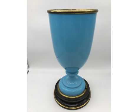 Victorian blue glass & ceramic base paraffin lamp holder. Stands 34.5cm in height. 