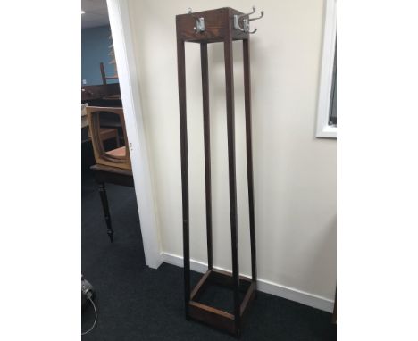 Vintage oak coat stand with chromed coat hooks. Stands 172cm in height 