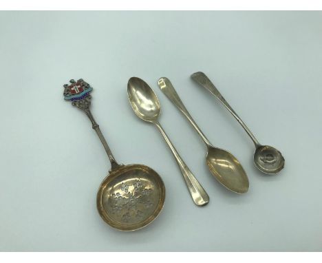 A Lot of 4 various silver spoons, Which includes London silver small ladle, maker Robert Eley, dated 1795, Birmingham silver 