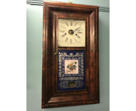 Eight day American wall clock, Ornate hand painted glass front, Comes with weights (No Key) 