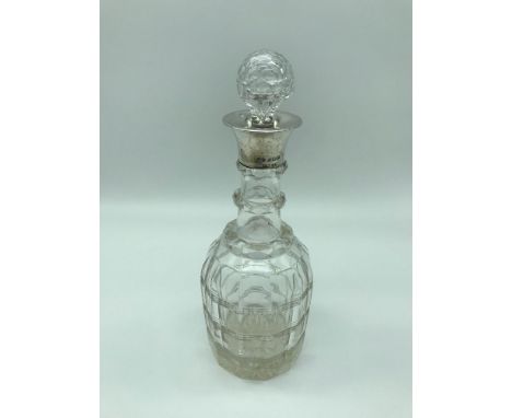 Birmingham silver rimmed &amp; cut crystal decanter, styled with 3 cut hoops on the neck of the decanter. Maker John Grinsell