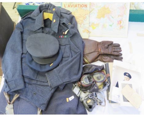 RAF Uniform including jacket with trousers and overcoat, Type C leather helmet with G-type oxygen mask, Mk IV goggles, flying