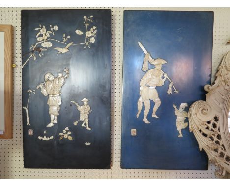A Matched Pair of Japanese Lacquered, Mother of Pearl and Bone Inlaid Wall Plaques, signed, 75 x 42 cm