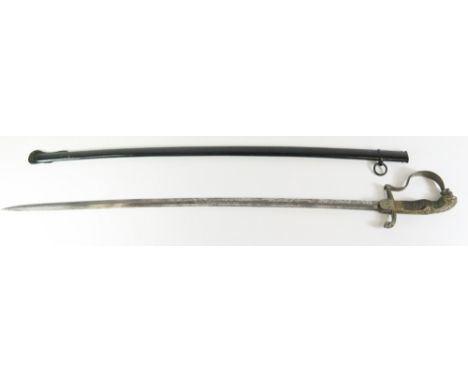 German Sword and scabbard with acid etched blade, grip stamped GESETZLICH GESCHUETZT, shagreen and wire grip and with lion po