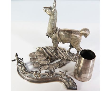 A Peruvian Sterling Silver and Coin Silver Model of a Llama another of a Llama train and small vase, 445 g