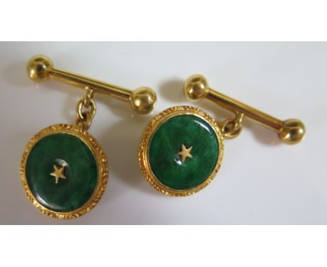 A Pair of Chinese Spinach Green Jade and 18K Gold Cufflinks