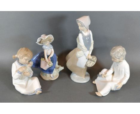 A Lladro Porcelain Figure in the form of a Girl With A Basket Of Flowers 17.5 cms tall together with three Nao porcelain figu