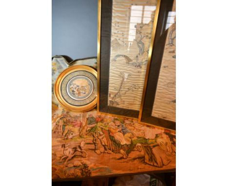 A Chinese Silk Work Embroidery of circular form together with two similar framed panels and a tapestry style wall hanging 