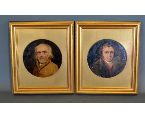 Early 19th Century English School 'Portrait of a Gentleman with Period Dress' oil on board, 20 cms diameter together with ano